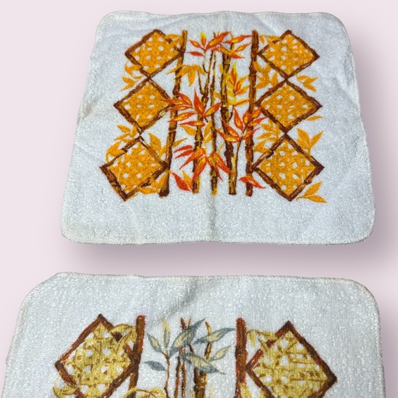 Set Of Four Vintage 1970’s Retro Floral Bamboo Print Hand Towels Decor - Picture 2 of 8